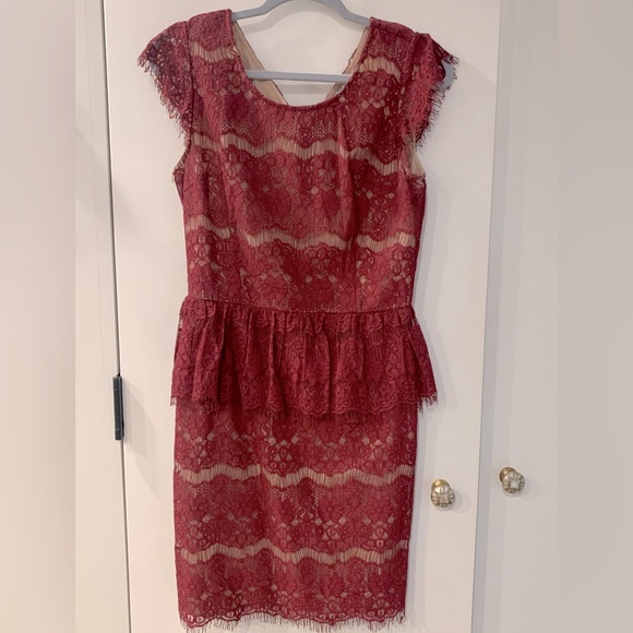 Anthropologie Maeve Elsa Peplum Lace Dress Burgundy Size Small - Picture 1 of 6